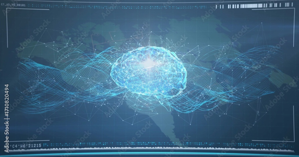 Poster floating holographic brain at ui, streaming data over faint world map with grid or readouts and node