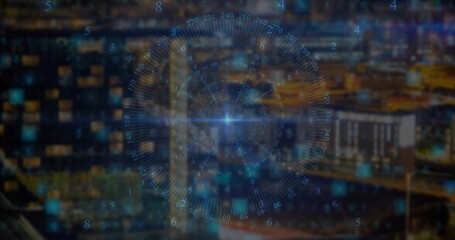 Projecting HUD overlay above urban skyline at night, showing concentric ring, numeric indicators