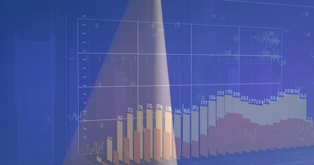 Visualizing 3D bar chart on blue screen, with overlaid line plot, curved surface, numeric labels
