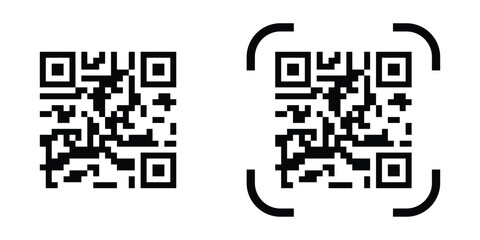 Modern black QR code icon on clean white background. QR code scan for smartphone. QR code for payment. Scan QR code symbol. Modern black QR code vector graphics