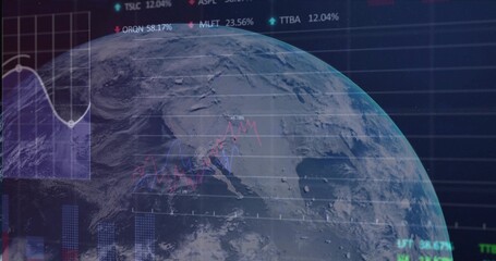 Displaying Earth globe focusing on North America in virtual dashboard, with financial overlays