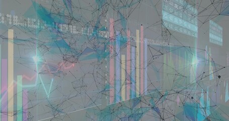 Displaying node network with translucent bars and line graphs in virtual space, with numeric panels