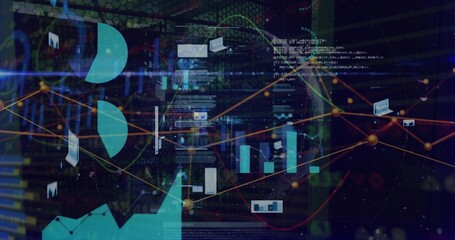 Displaying bar charts and graph nodes in virtual dashboard, featuring pie segments, wireframe globe