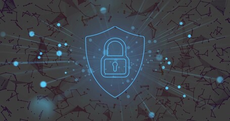 Displaying glowing padlock inside shield at center of network with blue dots rays lines and nodes