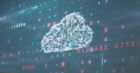 Glowing cloud icon pulsing in security dashboard, featuring code, red, blue squares, warning labels