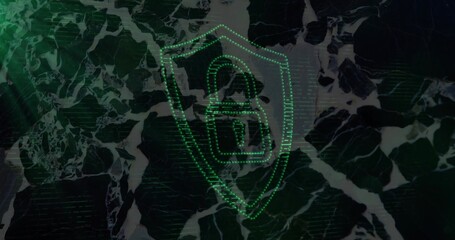 Displaying pixelated padlock icon being enclosed in green dotted shield on matrix with glitch lines