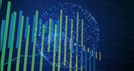 Showing vertical bar charts with green and red line graphs at analytics dashboard, with dot globe