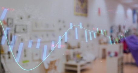 Displaying translucent financial chart overlay across studio walls, with framed artworks