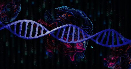 Floating blue DNA double helix spanning visual space, with binary code streams and neon contours