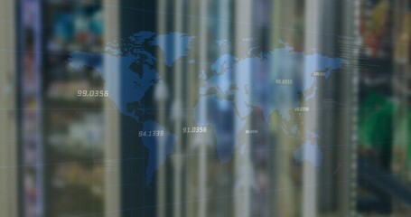 Displaying blue world map overlay showing data points in server room, with racks and LED indicators