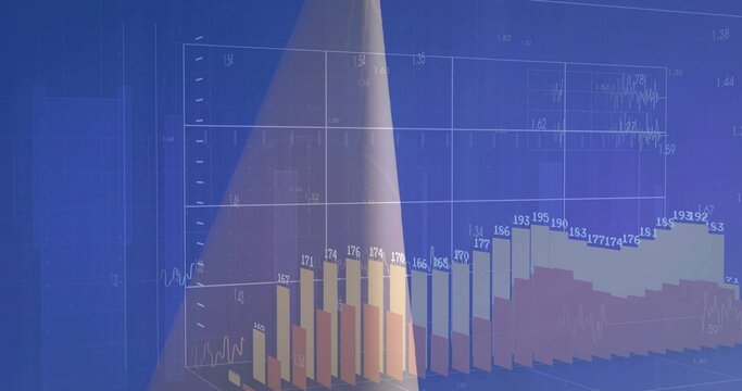 Visualizing 3D bar chart on blue screen, with overlaid line plot, curved surface, numeric labels - Powered by Adobe