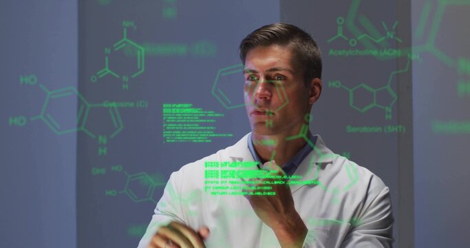 Analyzing green chemical diagrams in lab, scientist in white coat interacting with digital display