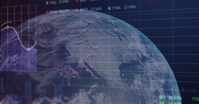 Displaying Earth globe focusing on North America in virtual dashboard, with financial overlays - Powered by Adobe