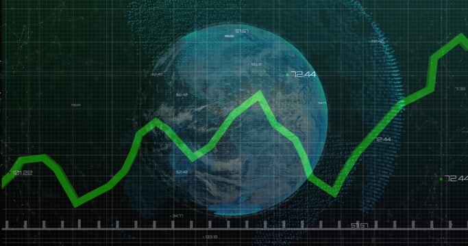 Naklejki Displaying dashboard showing green zigzag graph crossing blue Earth globe on dark grid, with labels