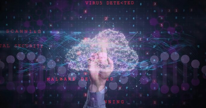 Interacting male hand in suit navigating holographic data cloud in security hub with alert overlays - Powered by Adobe