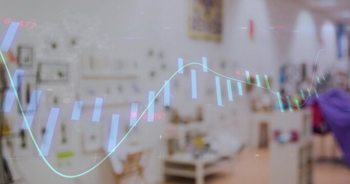Displaying translucent financial chart overlay across studio walls, with framed artworks - Powered by Adobe