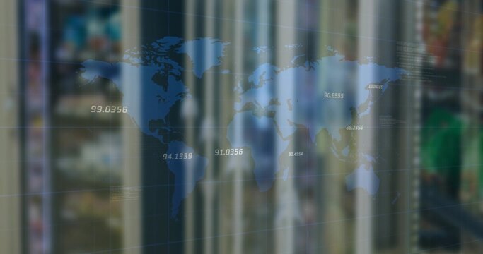Displaying blue world map overlay showing data points in server room, with racks and LED indicators