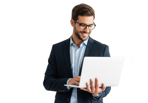 Man in suit working on laptop isolated on transparent background - Powered by Adobe