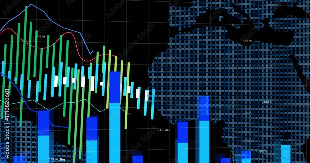 Poster multicolor financial charts displaying on screen, with candlestick bars, bar columns, line graphs