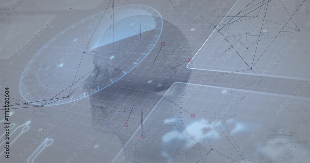 Aufkleber rotating 3d wireframe human head model in virtual interface, with radar grid overlay, network nodes