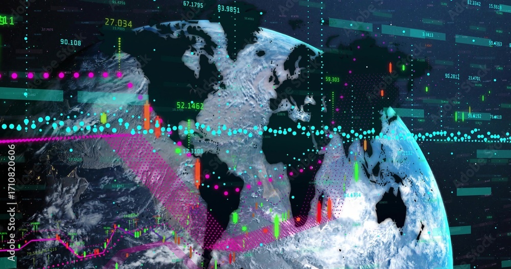 Poster presenting earth globe with data overlays in space, with candlesticks, line graphs, floating points