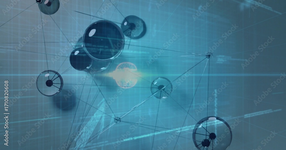 Poster floating translucent nodes forming network web in virtual digital grid, streaming data code