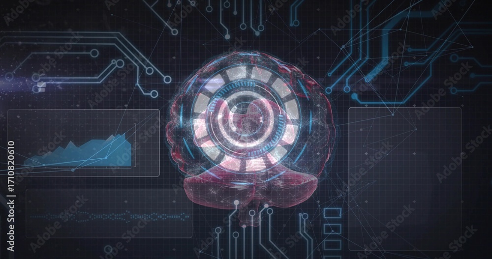 Poster projecting 3d brain model hovering in network interface with concentric rings and neon circuit