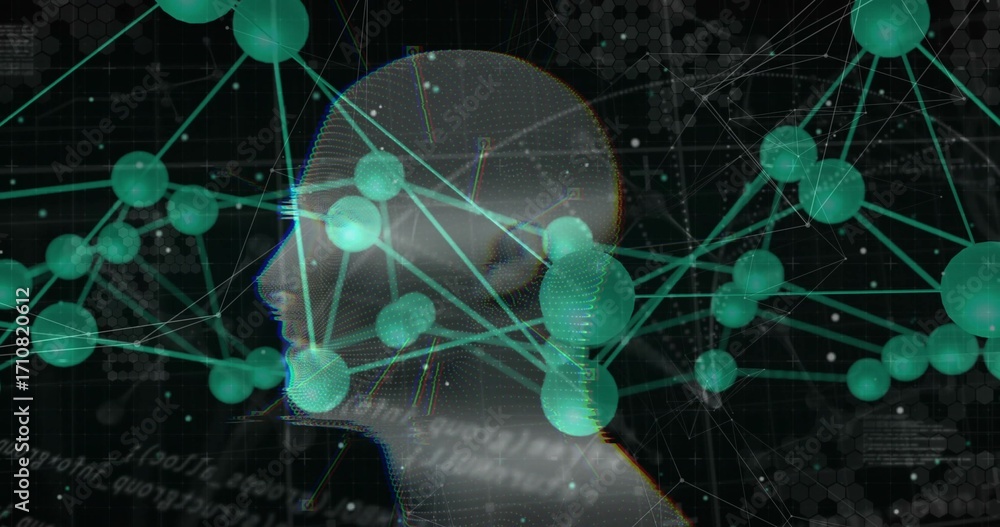 Poster displaying wireframe head linking green spheres, glowing lines in data network, code and hex grid