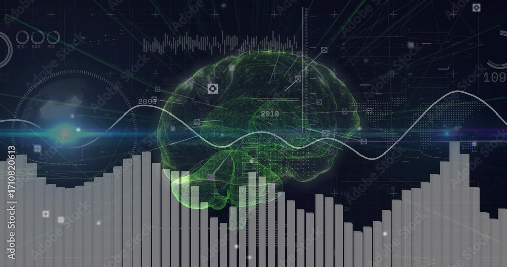 Aufkleber displaying wireframe 3d brain model hovering in dashboard, with white waveform graph and bar chart