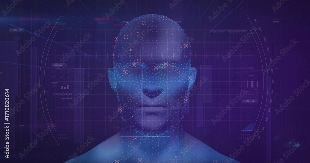 Poster projecting glowing digital head hologram mapping biometric data in tech system with grid and nodes