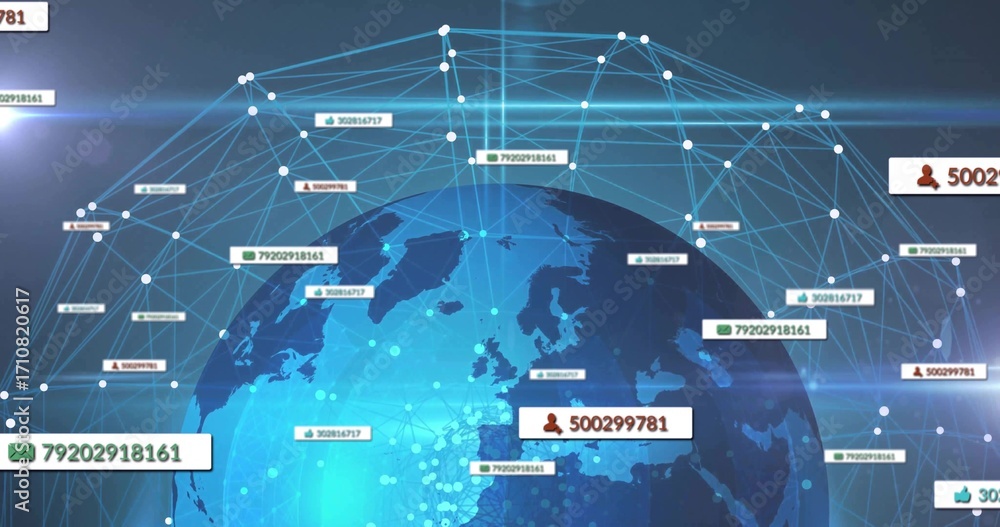 Poster rendering earth globe with mesh overlay in cyberspace, with numeric labels and social icons
