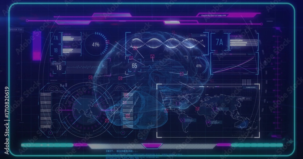 Poster projecting digital interface displaying 3d brain model at console, with dna helix and earth diagram