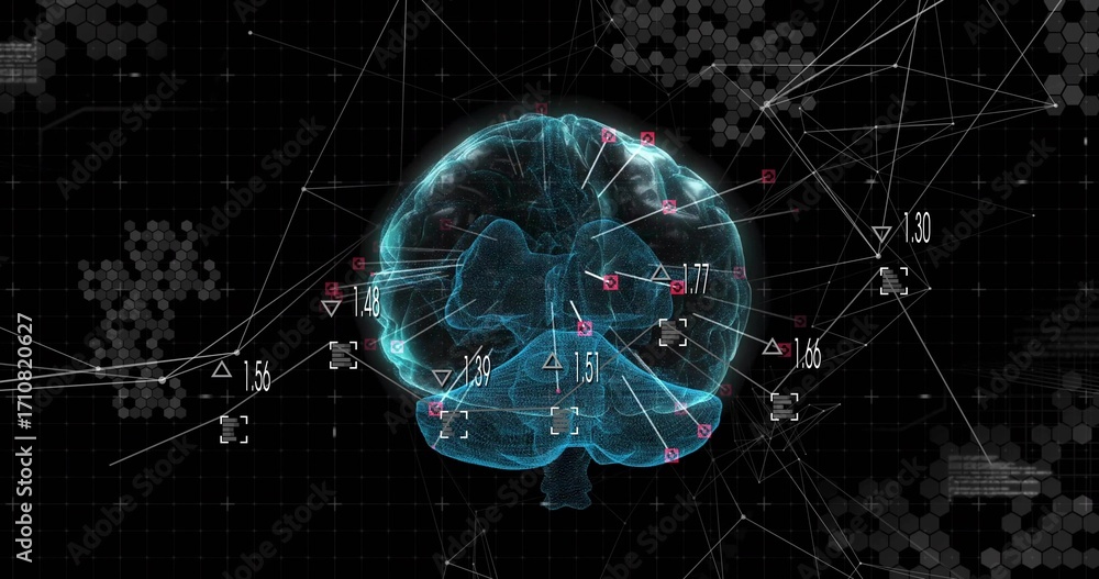 Poster hovering wireframe brain on grid with numeric labels, triangular square markers, lines and hexagons