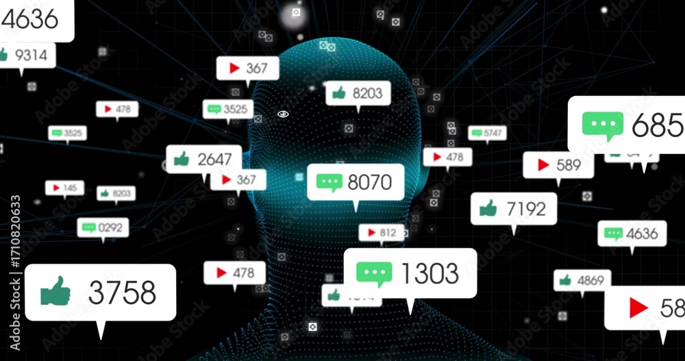 Poster displaying dotted silhouette pulsing connections in cyberspace with notification icons