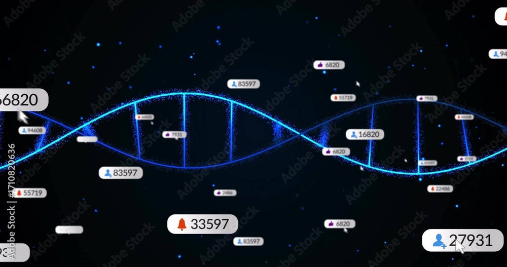 Poster undulating glowing blue double helix across virtual space, with icon labels and luminous particles
