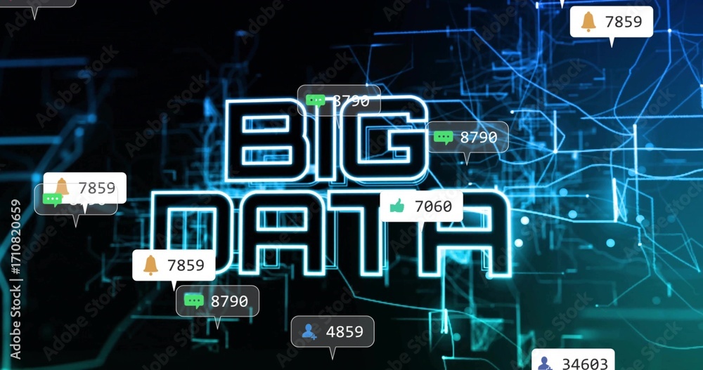 Poster displaying big data lettering over circuit, with notification, chat, thumbs-up and user icons