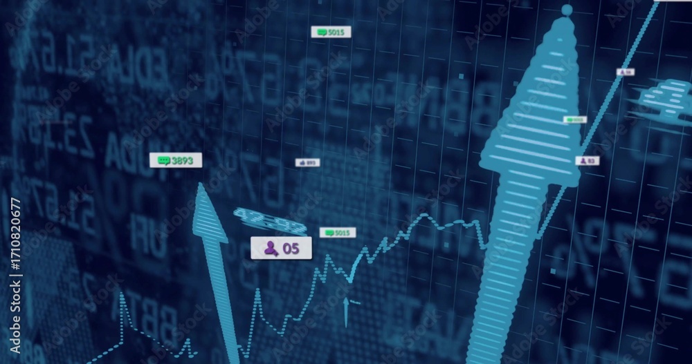 Poster rising arrow on right grid interface, showing chart with labels 5015 3893 icon 05, copy space