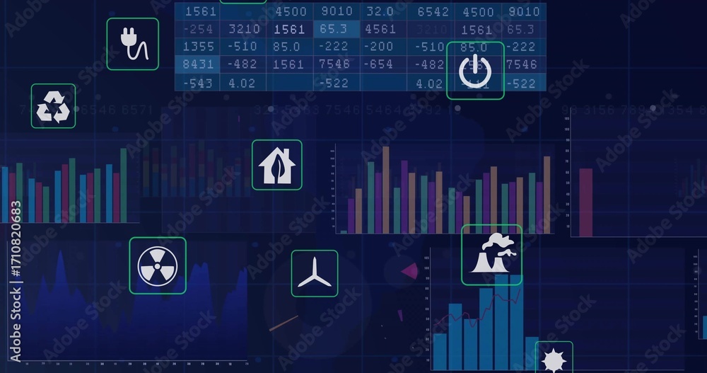 Poster displaying dashboard showing energy data on dark screen, with recycling, plug icons and bar charts