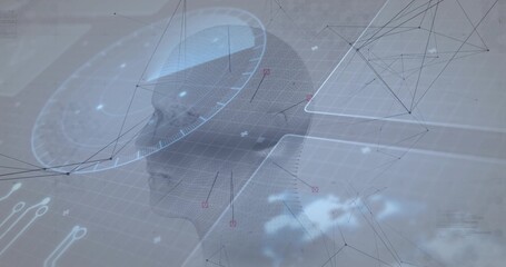 Rotating 3D wireframe human head model in virtual interface, with radar grid overlay, network nodes