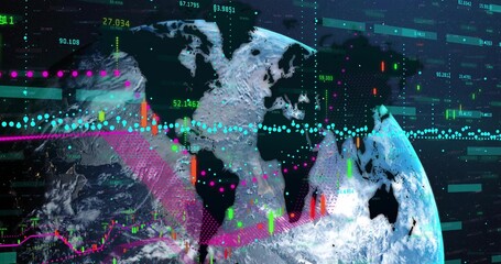 Presenting Earth globe with data overlays in space, with candlesticks, line graphs, floating points