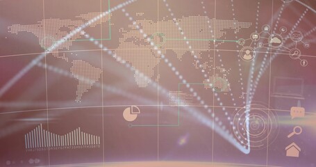 Showing dotted world map over grid lines, code blocks on digital dashboard, with charts and icons