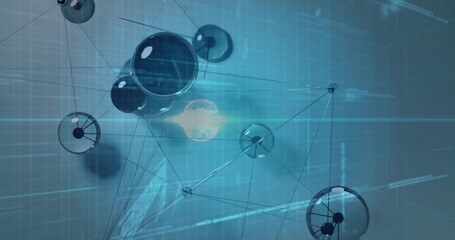 Floating translucent nodes forming network web in virtual digital grid, streaming data code