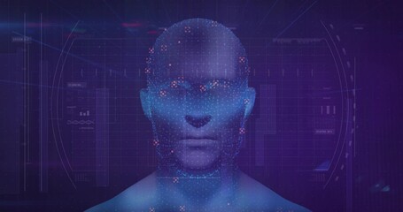 Projecting glowing digital head hologram mapping biometric data in tech system with grid and nodes