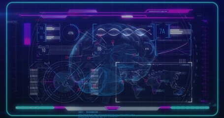 Projecting digital interface displaying 3D brain model at console, with DNA helix and Earth diagram