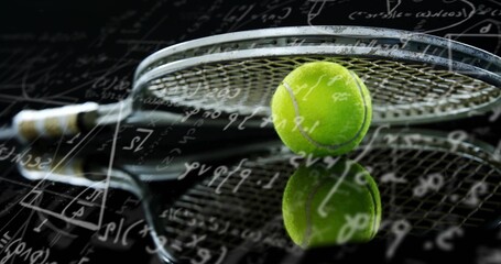 Fototapeta premium Balancing green tennis ball on racket on studio's black reflective surface, math equations overlay