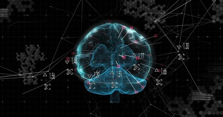 Hovering wireframe brain on grid with numeric labels, triangular square markers, lines and hexagons