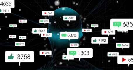 Displaying dotted silhouette pulsing connections in cyberspace with notification icons