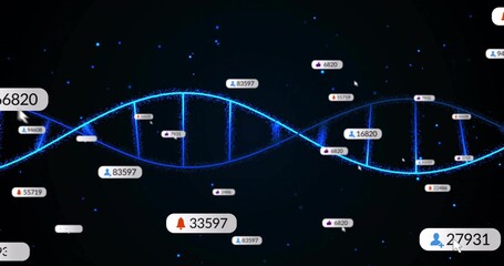 Undulating glowing blue double helix across virtual space, with icon labels and luminous particles