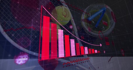 Combining red 3D bar chart, dotted arrow, tennis gear, spheres, HUD markers over dark grid