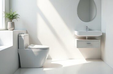 Fototapeta premium Modern white bathroom features clean minimalist design. Toilet, floating sink, round mirror. Potted plant adds green accent near window. Bright sunlight creates patterns on wall, floor. Serene